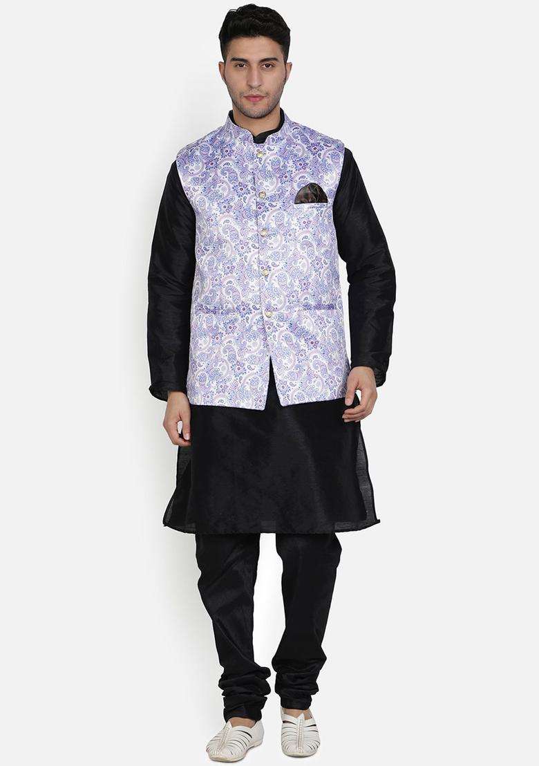 Black Solid Silk Kurta Set For Men - Indya