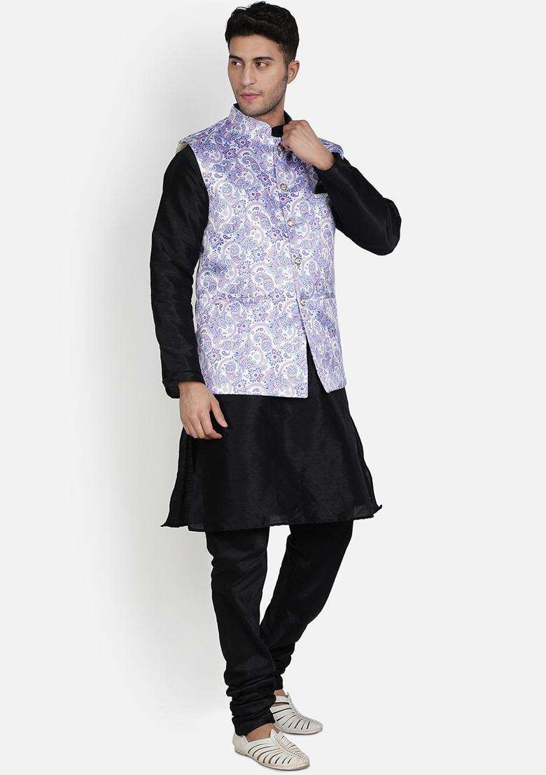 Black Solid Silk Kurta Set For Men - Indya