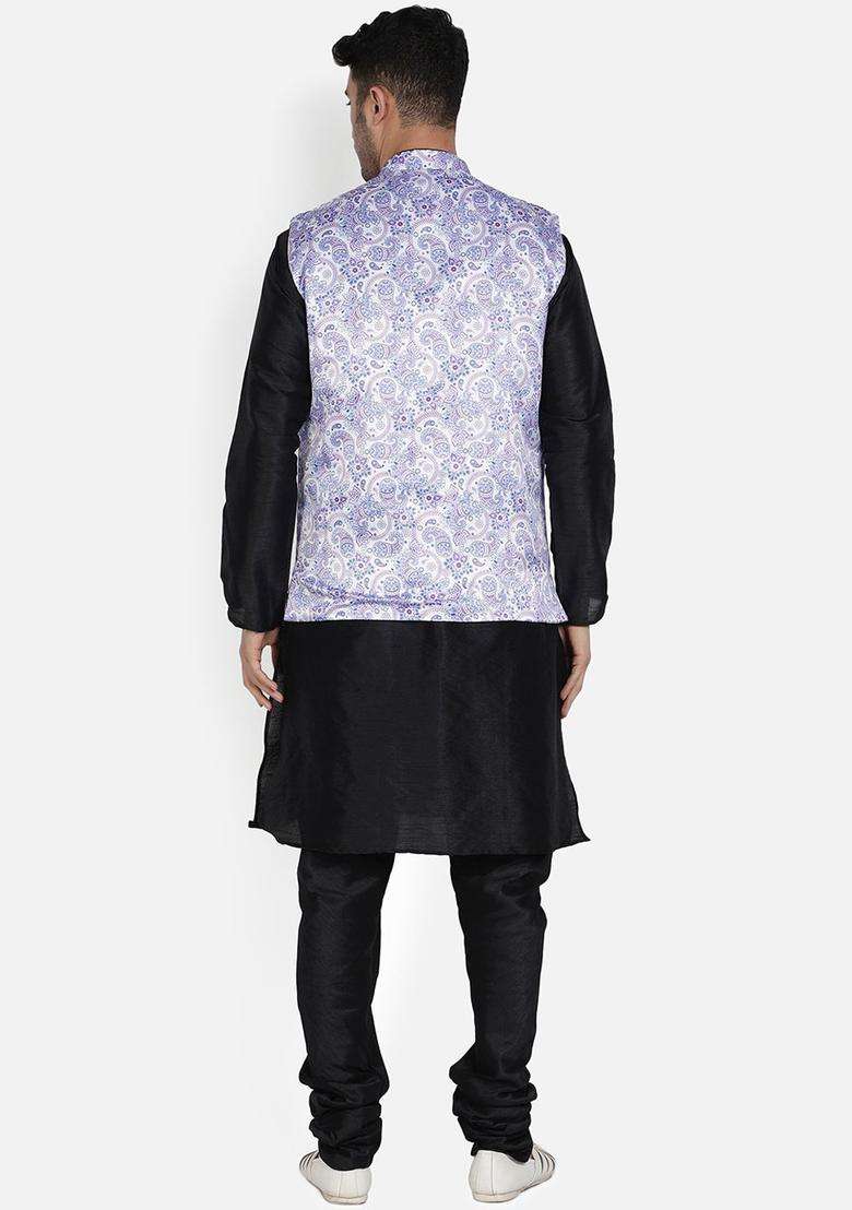 Black Solid Silk Kurta Set For Men - Indya