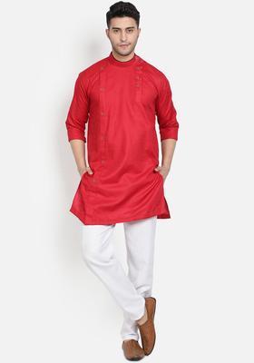 Red Solid Cotton Kurta Set For Men