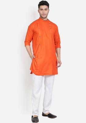 Orange Solid Cotton Kurta Set For Men