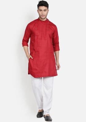 Maroon Solid Cotton Kurta Set For Men