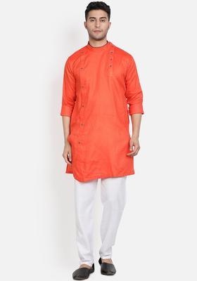 Orange Solid Cotton Kurta Set For Men