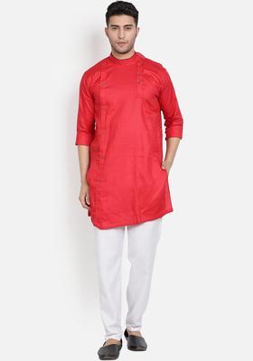 Red Solid Cotton Kurta Set For Men