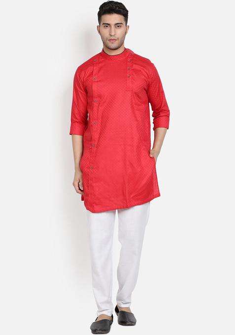 Red Solid Cotton Kurta Set For Men