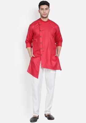 Red Solid Cotton Kurta Set For Men
