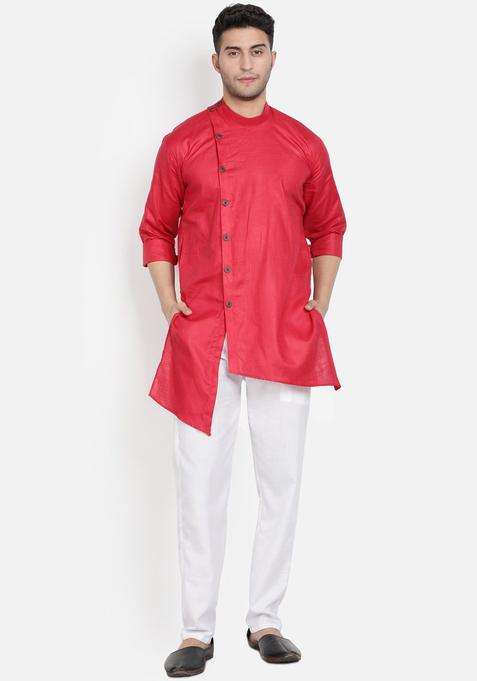 Red Solid Cotton Kurta Set For Men