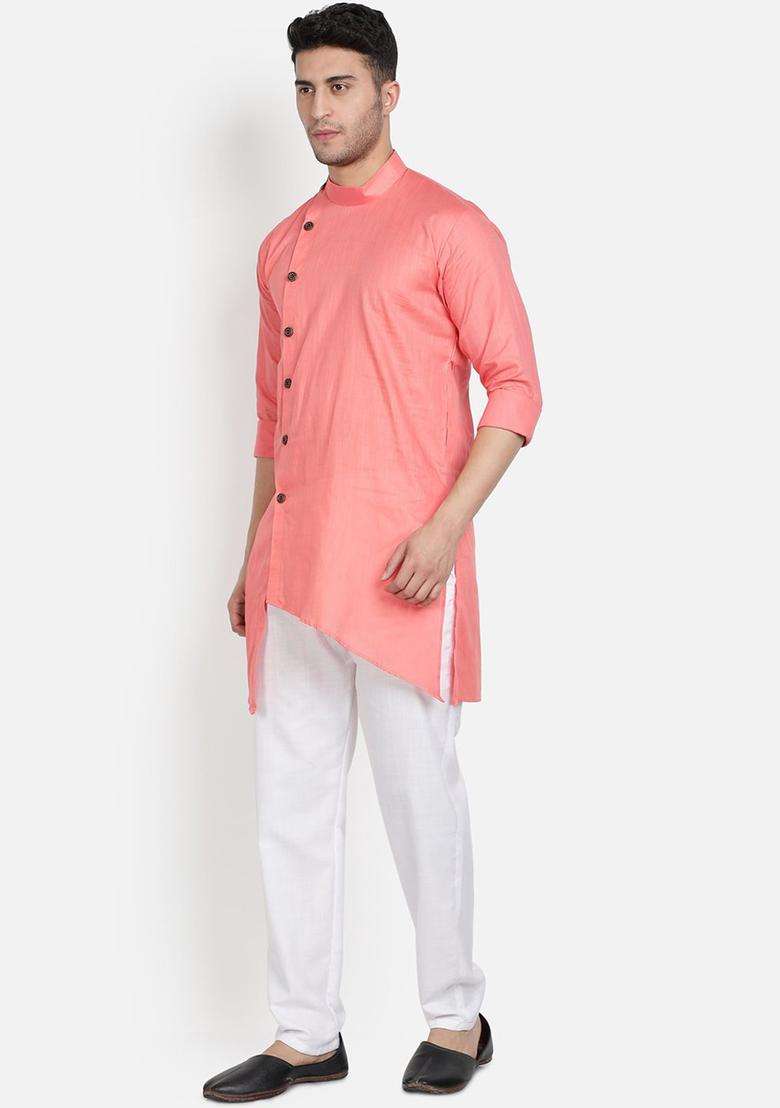 Coral Solid Cotton Kurta Set For Men - Indya