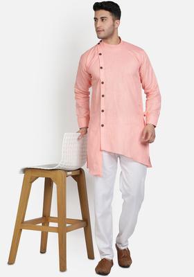 Pink Solid Cotton Kurta Set For Men