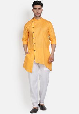 Orange Solid Cotton Kurta Set For Men