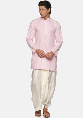Pink Solid Cotton Kurta Set For Men