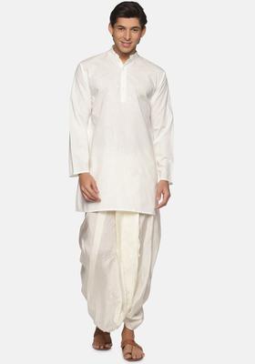 Cream Striped Cotton Kurta Set For Men