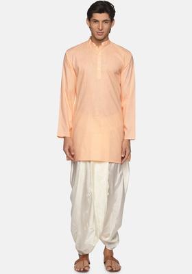 Orange Solid Cotton Kurta Set For Men