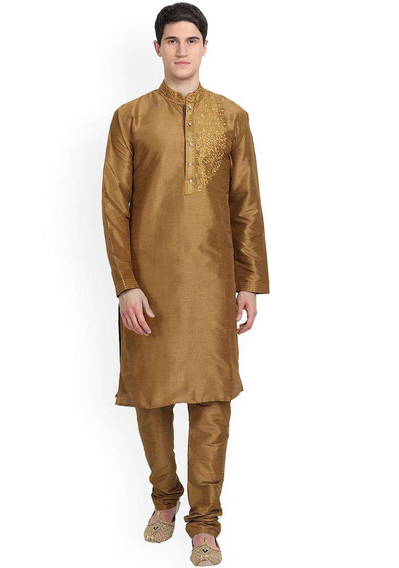 Brown Self Design Silk Kurta Set For Men - Indya