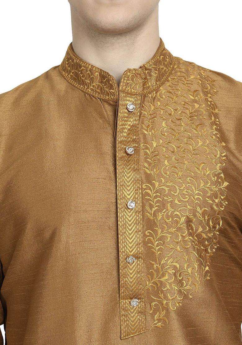 Brown Self Design Silk Kurta Set For Men - Indya