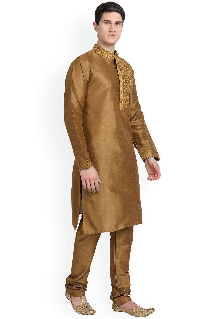 Brown Self Design Silk Kurta Set For Men - Indya