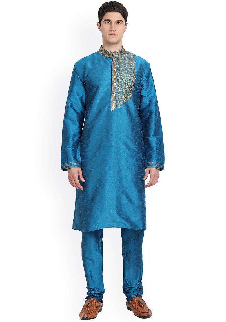 Turquoise Blue Embroidered Silk Kurta Set For Men - Indya