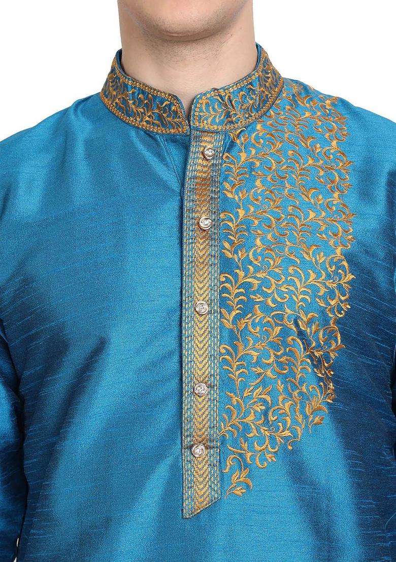 Turquoise Blue Embroidered Silk Kurta Set For Men - Indya