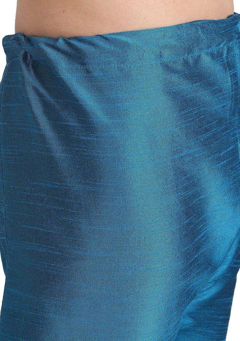 Turquoise Blue Embroidered Silk Kurta Set For Men - Indya