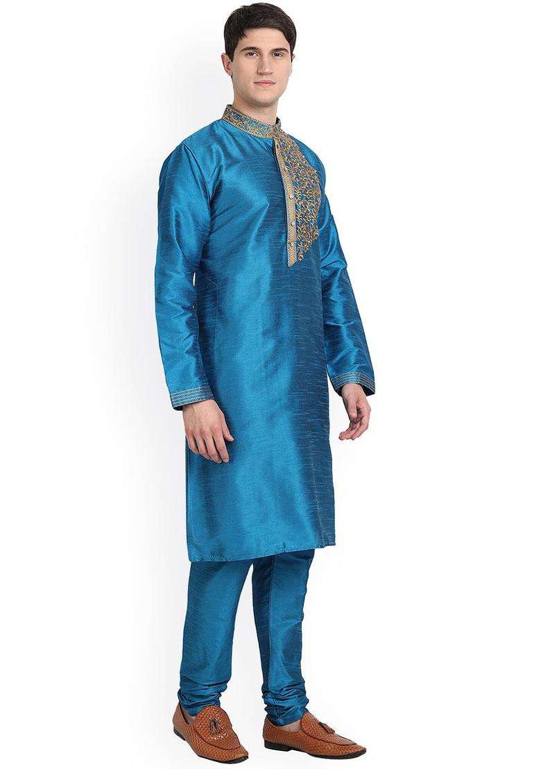 Turquoise Blue Embroidered Silk Kurta Set For Men - Indya