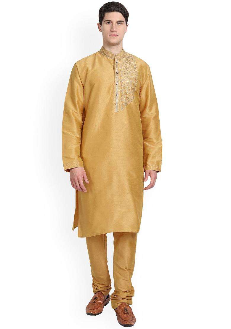 Gold Embroidered Silk Kurta Set For Men - Indya