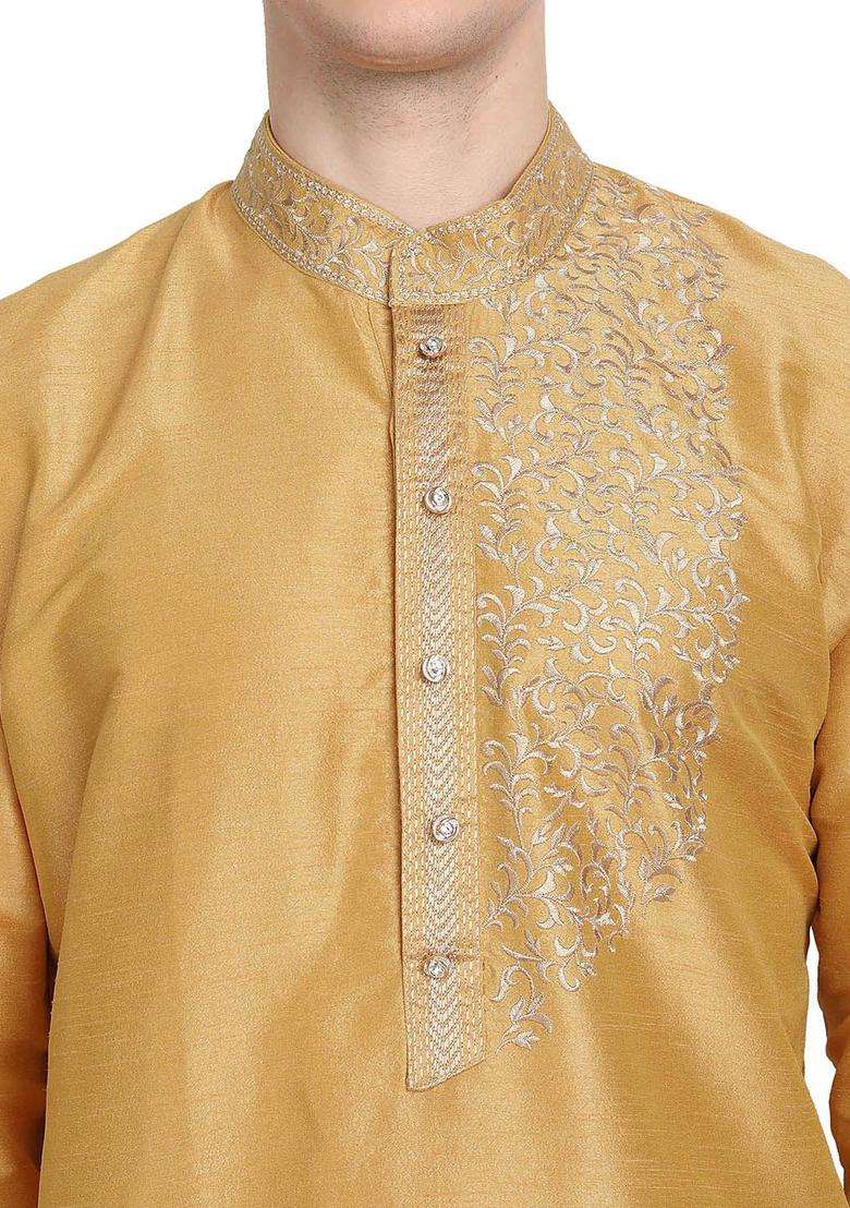 Gold Embroidered Silk Kurta Set For Men - Indya