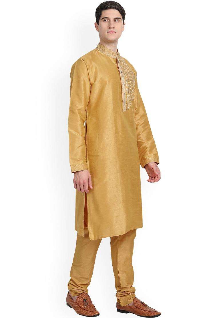 Gold Embroidered Silk Kurta Set For Men - Indya