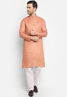 Orange Solid Cotton Kurta Set For Men
