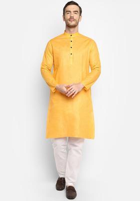 Orange Solid Cotton Kurta Set For Men