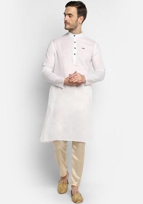 White Self Design Cotton Kurta Set For Men