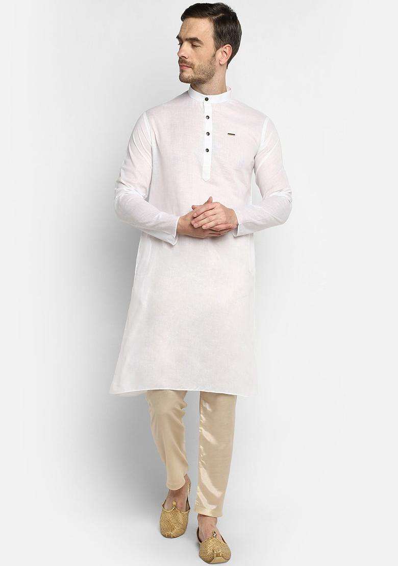 White Self Design Cotton Kurta Set For Men - Indya