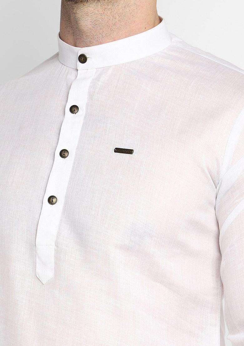 White Self Design Cotton Kurta Set For Men - Indya