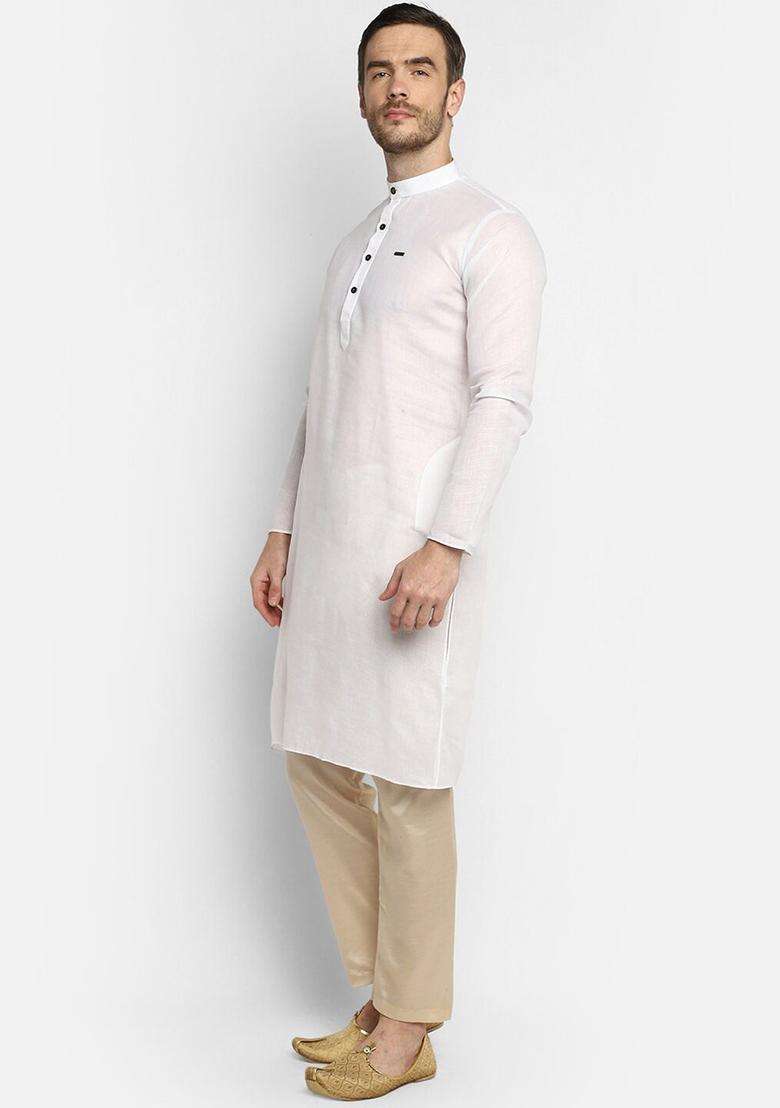 White Self Design Cotton Kurta Set For Men - Indya