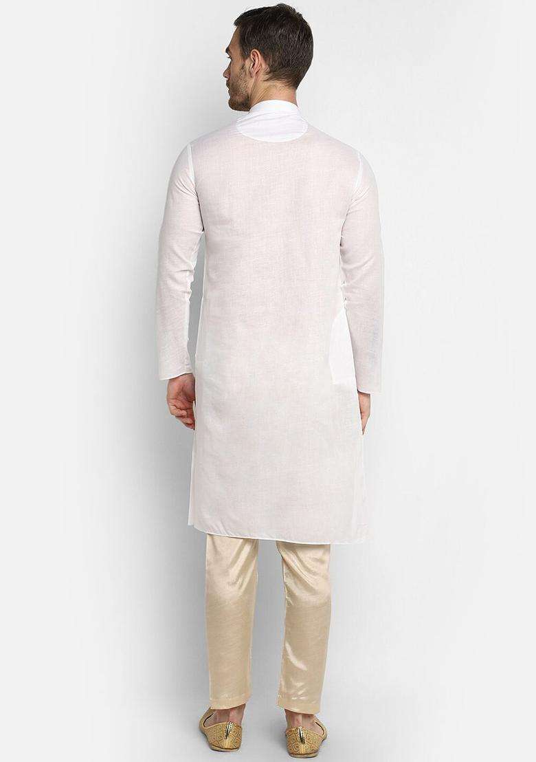 White Self Design Cotton Kurta Set For Men - Indya