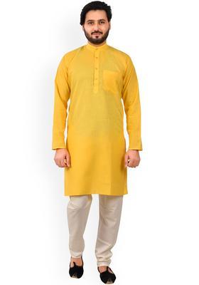Yellow Self Design Cotton Kurta Set For Men
