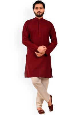 Maroon Self Design Cotton Kurta Set For Men