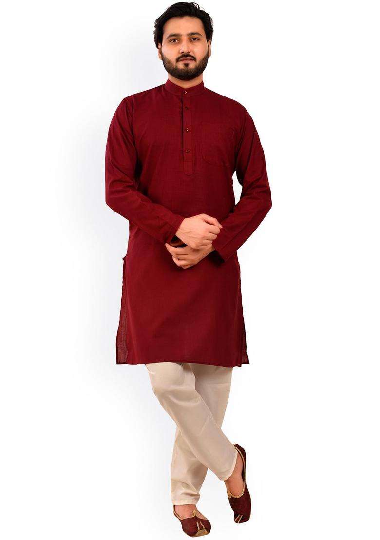 Maroon Self Design Cotton Kurta Set For Men - Indya