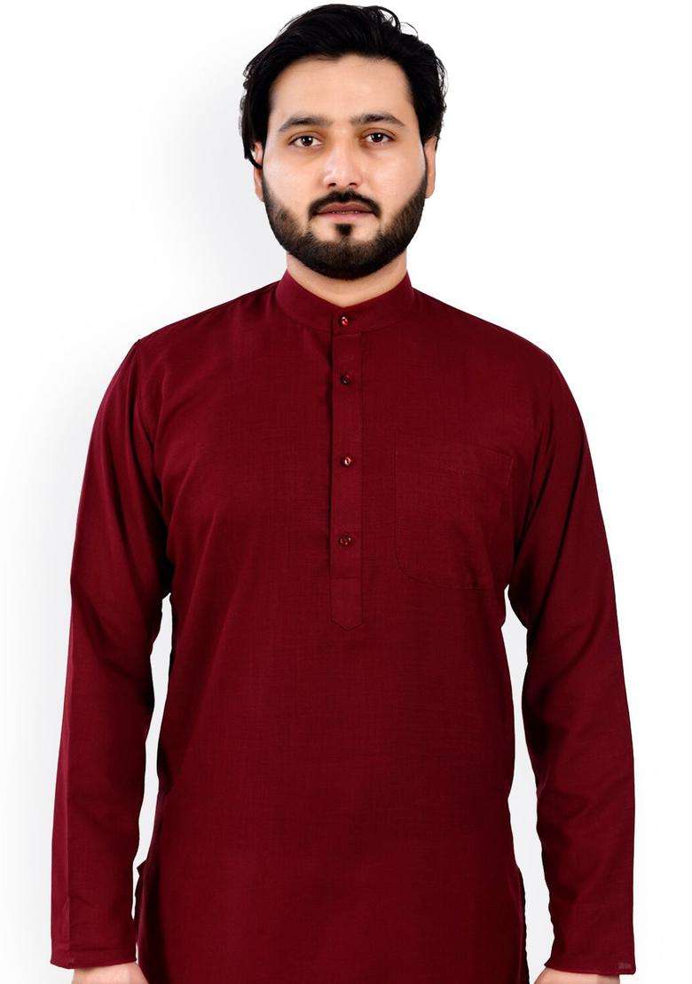 Maroon Self Design Cotton Kurta Set For Men - Indya