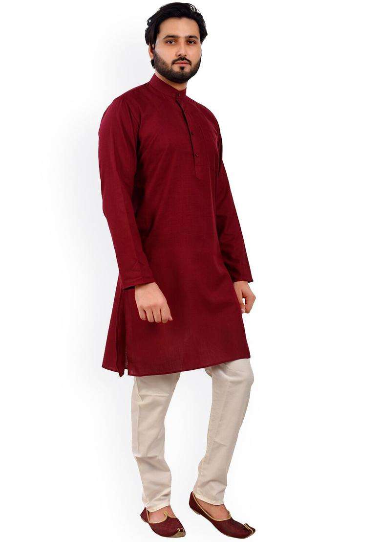 Maroon Self Design Cotton Kurta Set For Men - Indya