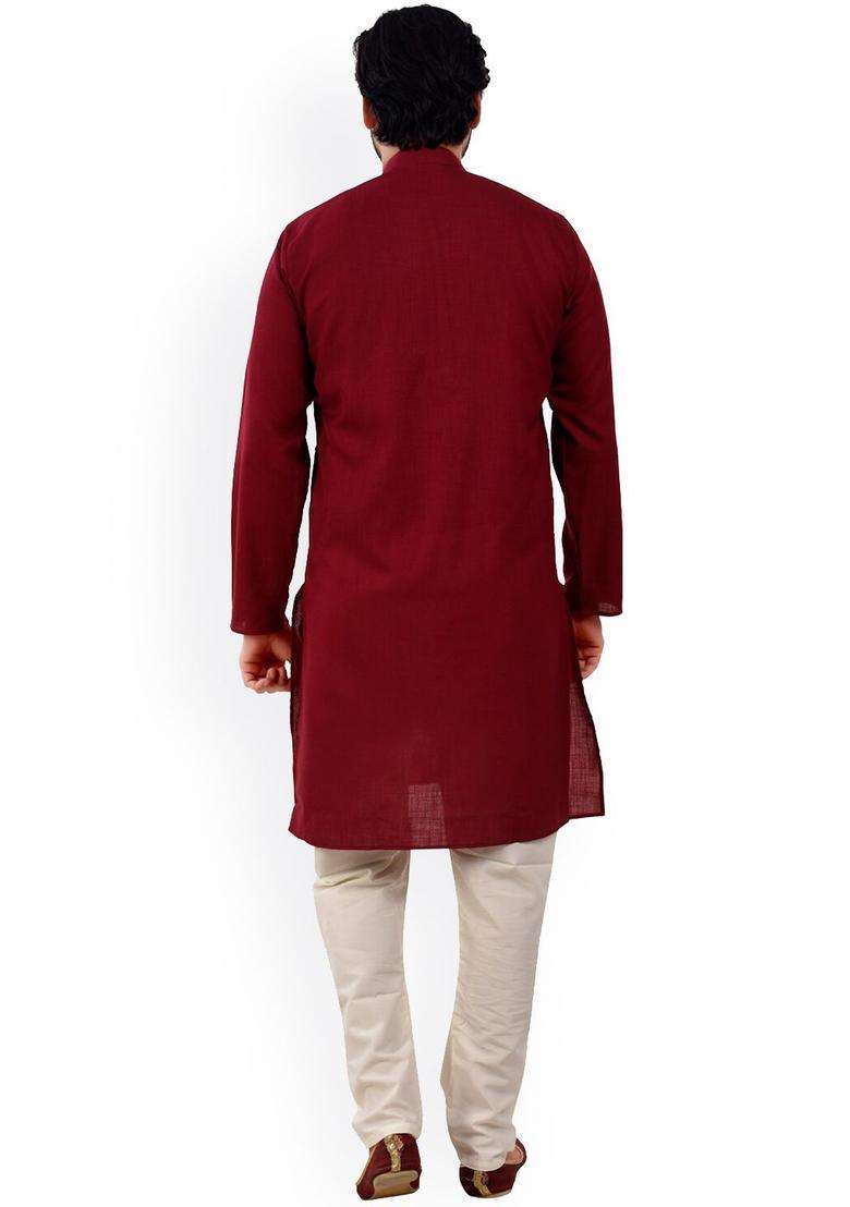 Maroon Self Design Cotton Kurta Set For Men - Indya