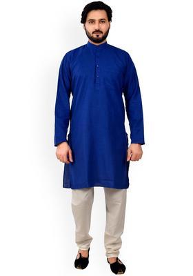 Blue Self Design Cotton Kurta Set For Men