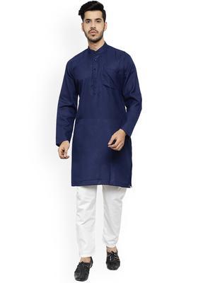 Navy Blue Solid Cotton Kurta Set For Men