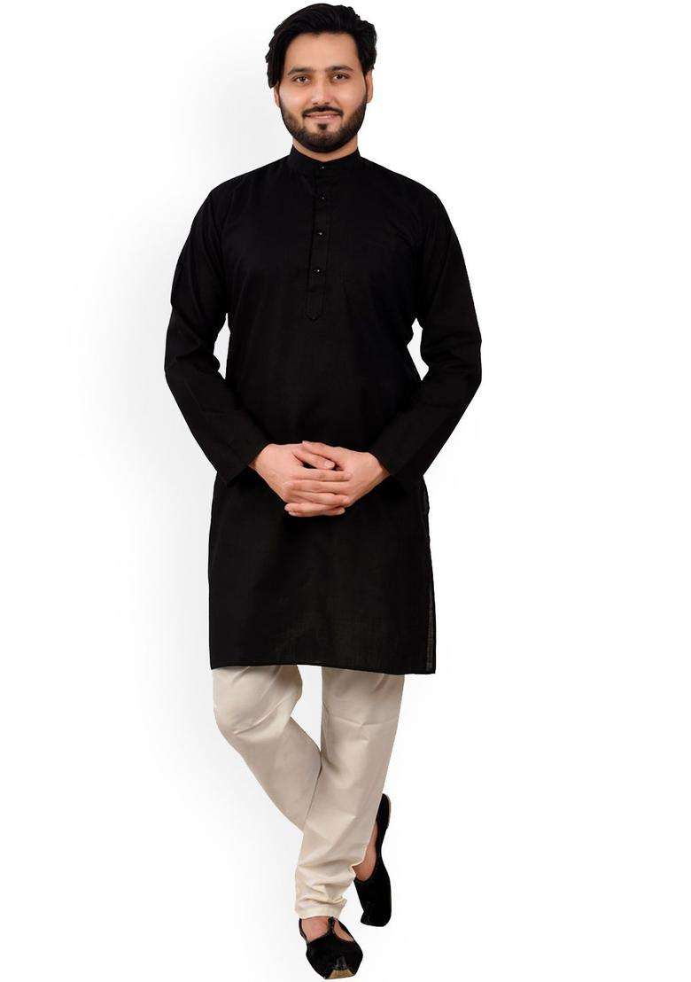 Black Self Design Cotton Kurta Set For Men - Indya