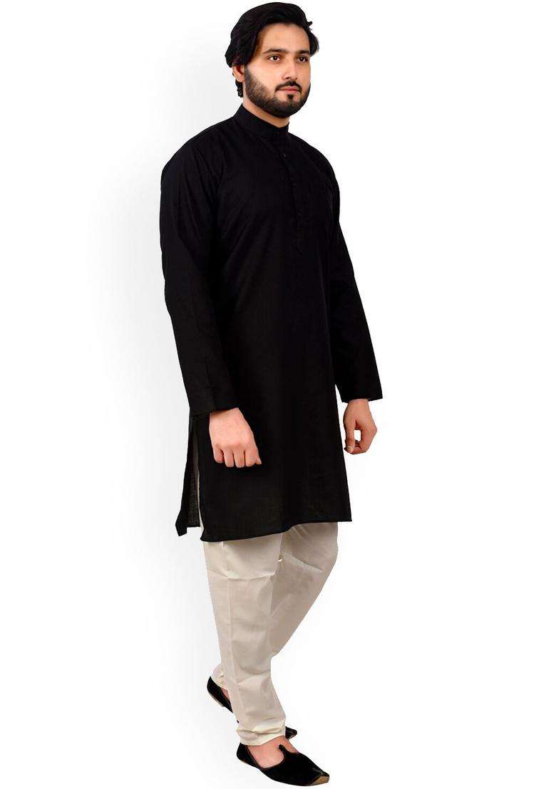 Black Self Design Cotton Kurta Set For Men - Indya