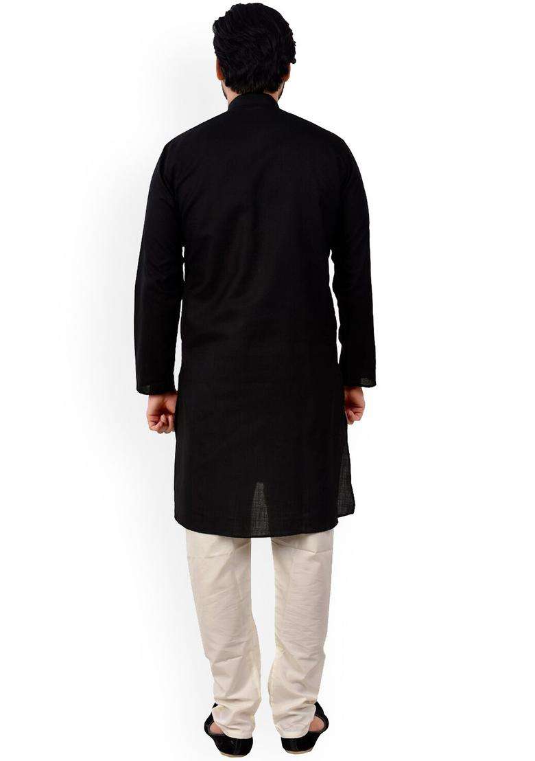 Black Self Design Cotton Kurta Set For Men - Indya