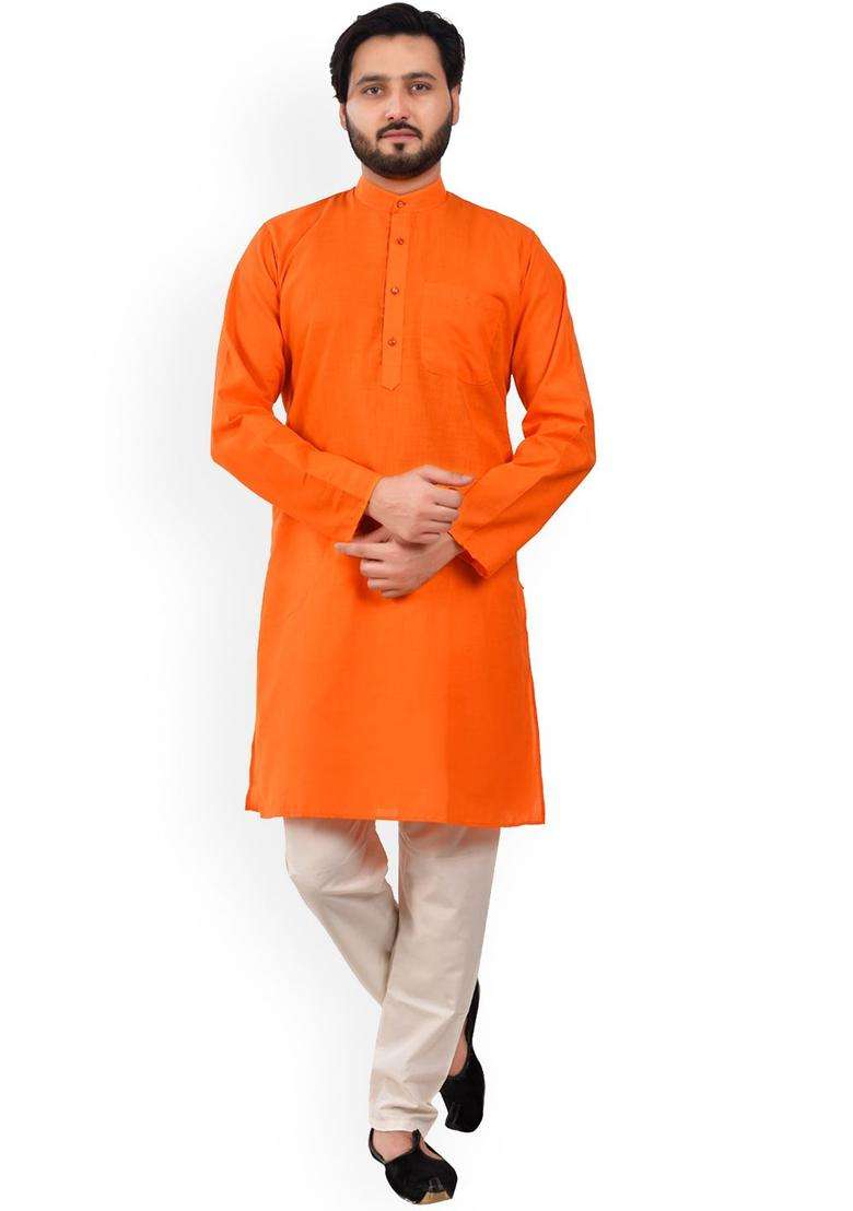 Orange Self Design Cotton Kurta Set For Men - Indya