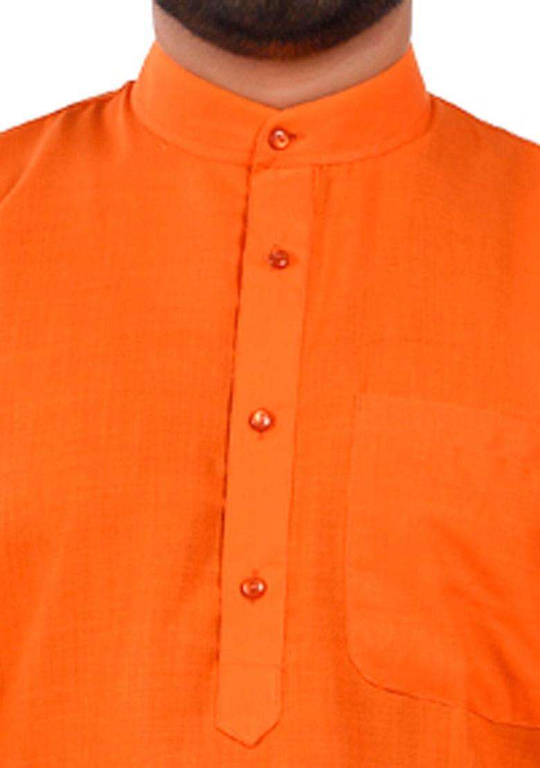 Orange Self Design Cotton Kurta Set For Men - Indya