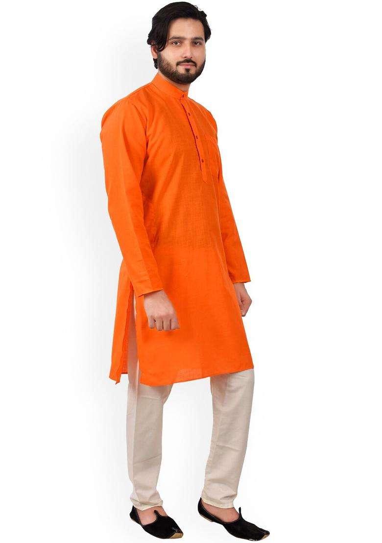 Orange Self Design Cotton Kurta Set For Men - Indya