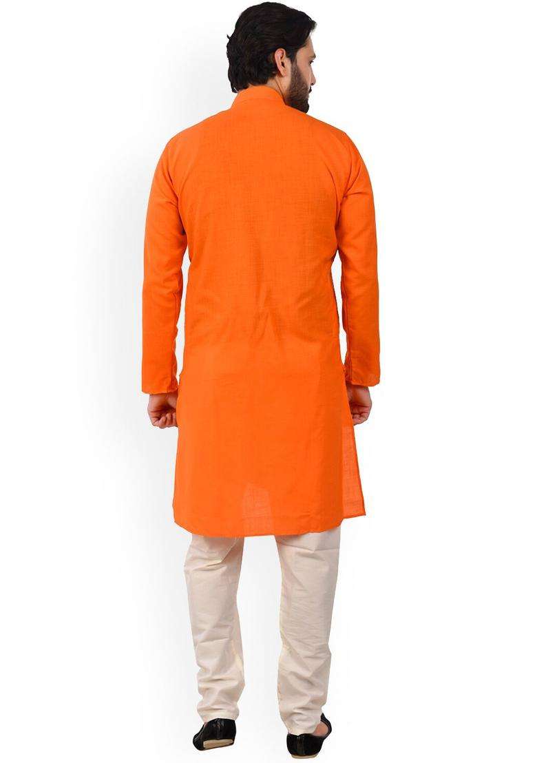 Orange Self Design Cotton Kurta Set For Men - Indya