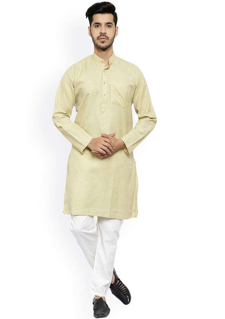 Beige Striped Cotton Kurta Set For Men - Indya